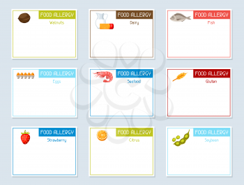 Food allergy banners with allergens and symbols. Vector illustration for medical websites advertising medications.
