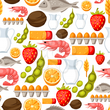 Food allergy seamless pattern with allergens and symbols. Vector illustration for medical websites advertising medications.