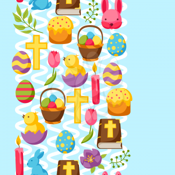 Happy Easter seamless pattern with decorative objects, eggs and bunnies.