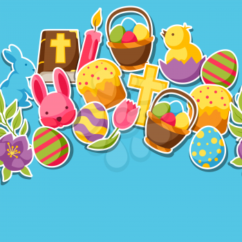 Happy Easter seamless pattern with decorative objects, eggs and bunnies stickers.