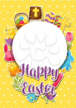 Happy Easter frame with decorative objects, eggs and bunnies stickers.