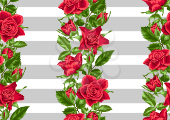 Seamless pattern with red roses. Beautiful realistic flowers, buds and leaves.