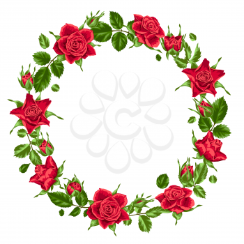 Decorative wreath with red roses. Beautiful realistic flowers, buds and leaves.