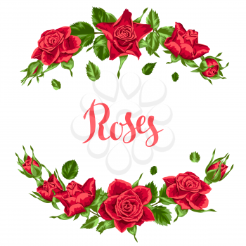 Decorative elements with red roses. Beautiful realistic flowers, buds and leaves.