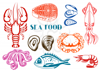 Various seafood set. Illustration of fish, shellfish and crustaceans.