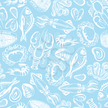 Seamless pattern with various seafood. Illustration of fish, shellfish and crustaceans.