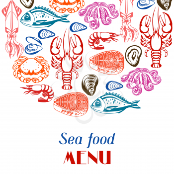Background with various seafood. Illustration of fish, shellfish and crustaceans.