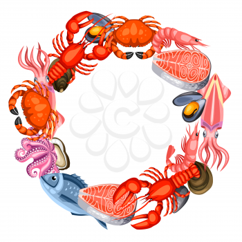 Frame with various seafood. Illustration of fish, shellfish and crustaceans.
