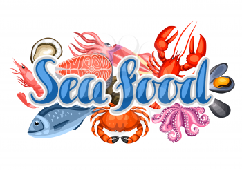 Background with various seafood. Illustration of fish, shellfish and crustaceans.