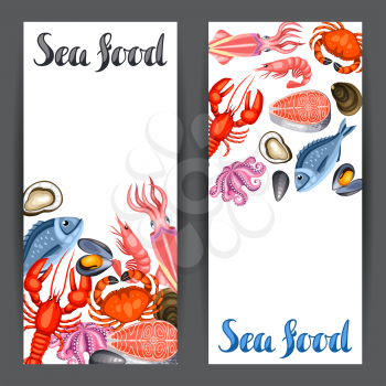 Banners with various seafood. Illustration of fish, shellfish and crustaceans.