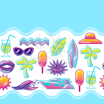 Seamless pattern with stylized summer objects. Abstract illustration in vibrant color.