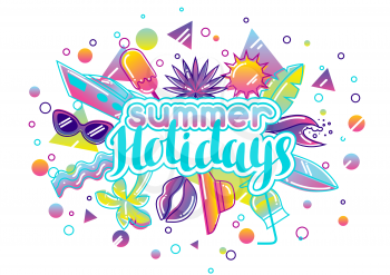 Print with stylized summer objects. Abstract illustration in vibrant color.