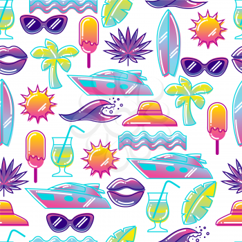 Seamless pattern with stylized summer objects. Abstract illustration in vibrant color.