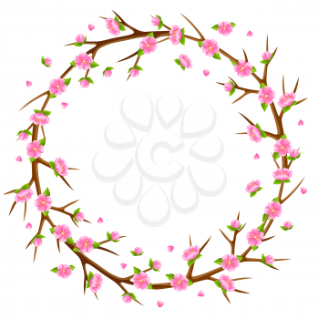 Spring frame with branches of tree and sakura flowers. Seasonal illustration.