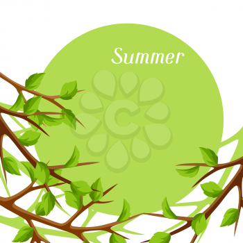 Summer card with branches of tree and green leaves. Seasonal illustration.