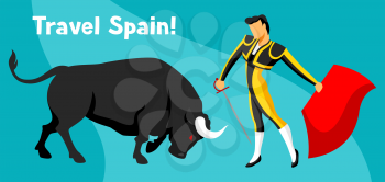 Traditional spanish corrida. Bull and toreador with sword and red cape.