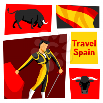 Traditional spanish corrida. Bull and toreador with sword and red cape.
