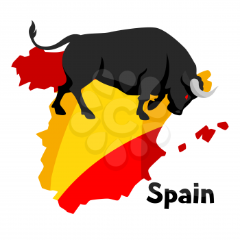 Traditional spanish corrida. Bull on background flag and map of Spain.