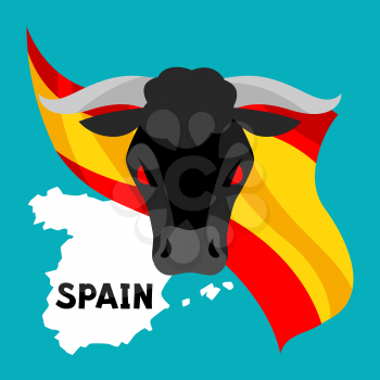 Traditional spanish corrida. Bull on background flag and map of Spain.