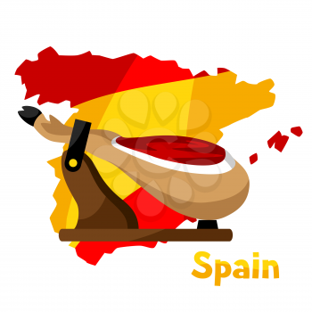 Traditional spanish food jamon. Illustration pork leg on background map of Spain.