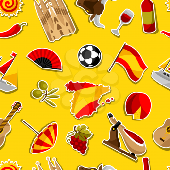 Spain seamless pattern. Spanish traditional sticker symbols and objects.