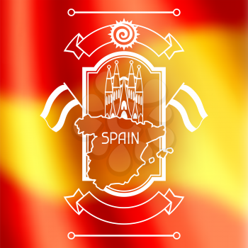 Spain background design on blurred flag. Spanish traditional symbols and objects.