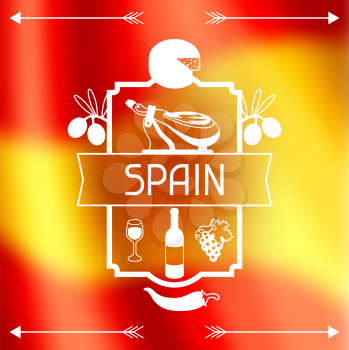 Traditional spanish food. Spain background design on blurred flag.