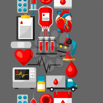 Seamless pattern with blood donation items. Medical and health care objects.