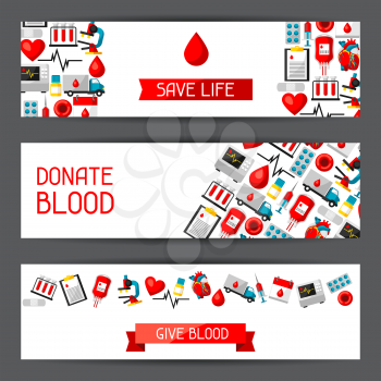 Banners with blood donation items. Medical and health care objects.