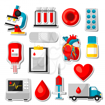 Set of blood donation items. Medical and health care sticker objects.