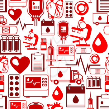 Seamless pattern with blood donation items. Medical and health care objects.