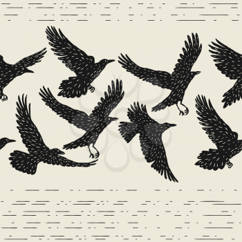 Seamless pattern with black flying ravens. Hand drawn inky birds.