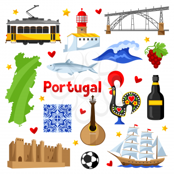 Portugal icons set. Portuguese national traditional symbols and objects.