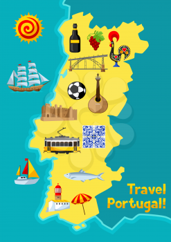 Portugal map. Portuguese national traditional symbols and objects.