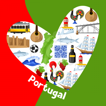 Portugal background design in shape of heart. Portuguese national traditional symbols and objects.