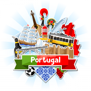 Portugal background with stickers. Portuguese national traditional symbols and objects.