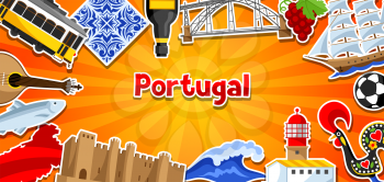 Portugal banner with stickers. Portuguese national traditional symbols and objects.