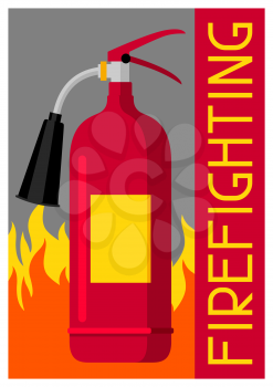 Firefighting poster with extinguisher and fire. Fire safety equipment.