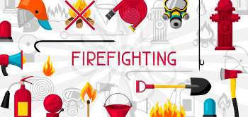 Banner with firefighting items. Fire protection equipment.