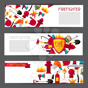 Banners with firefighting items. Fire protection equipment.