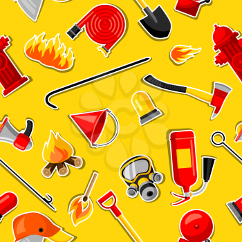 Seamless pattern with firefighting stickers. Fire protection equipment.