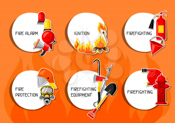 Stickers with firefighting items. Fire protection equipment.
