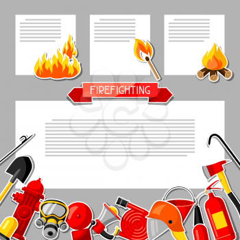 Background with firefighting sticker items. Fire protection equipment.