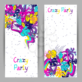 Trendy colorful banners crazy party. Abstract modern color elements in graffiti style.