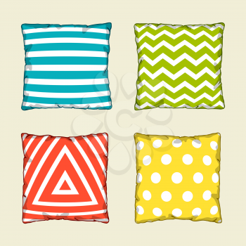 Set of multicolored decorative pillows. Sketch illustration.
