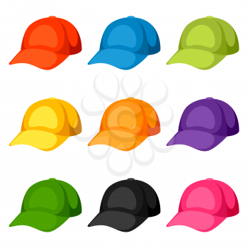 Colored baseball caps templates. Set of promotional and advertising clothes.