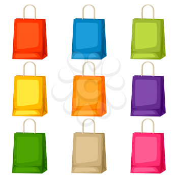 Colored shopping bags templates. Set of promotional gifts and souvenirs.
