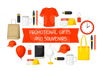 Advertising background with promotional gifts and souvenirs.