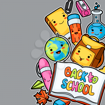 Back to school. Kawaii background with cute education supplies.