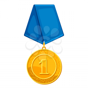 Realistic gold medal with blue ribbon. Illustration of award for sports or corporate competitions.